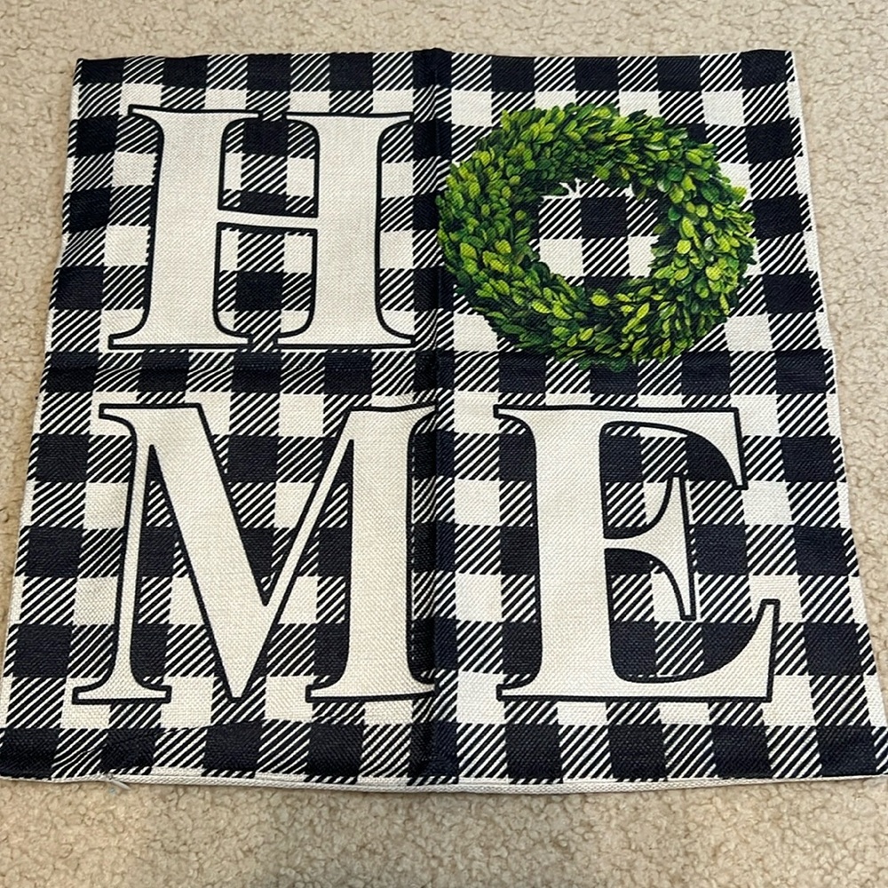 Farmhouse checkered boxwood wreath pillow cover set 2